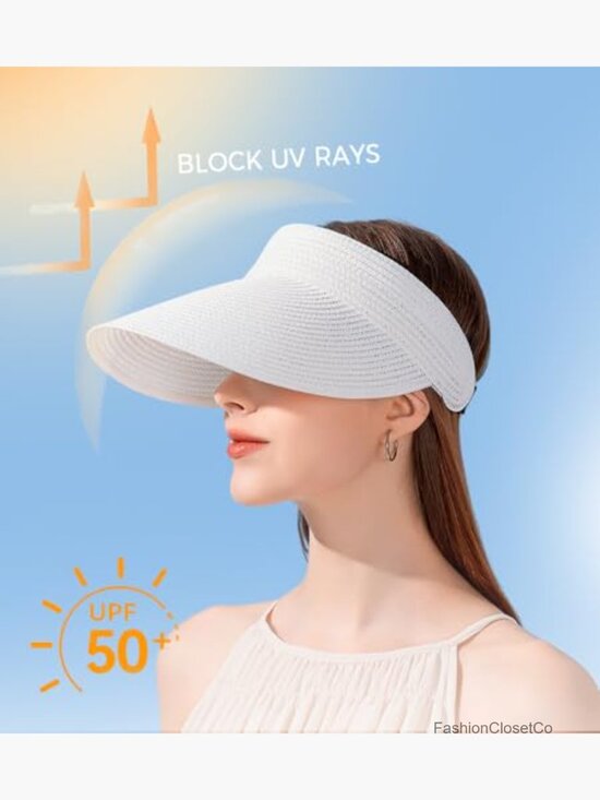 Wide Brim Straw Ponytail Sun Visor Hat, Foldable Packable Beach Visor with main image 7